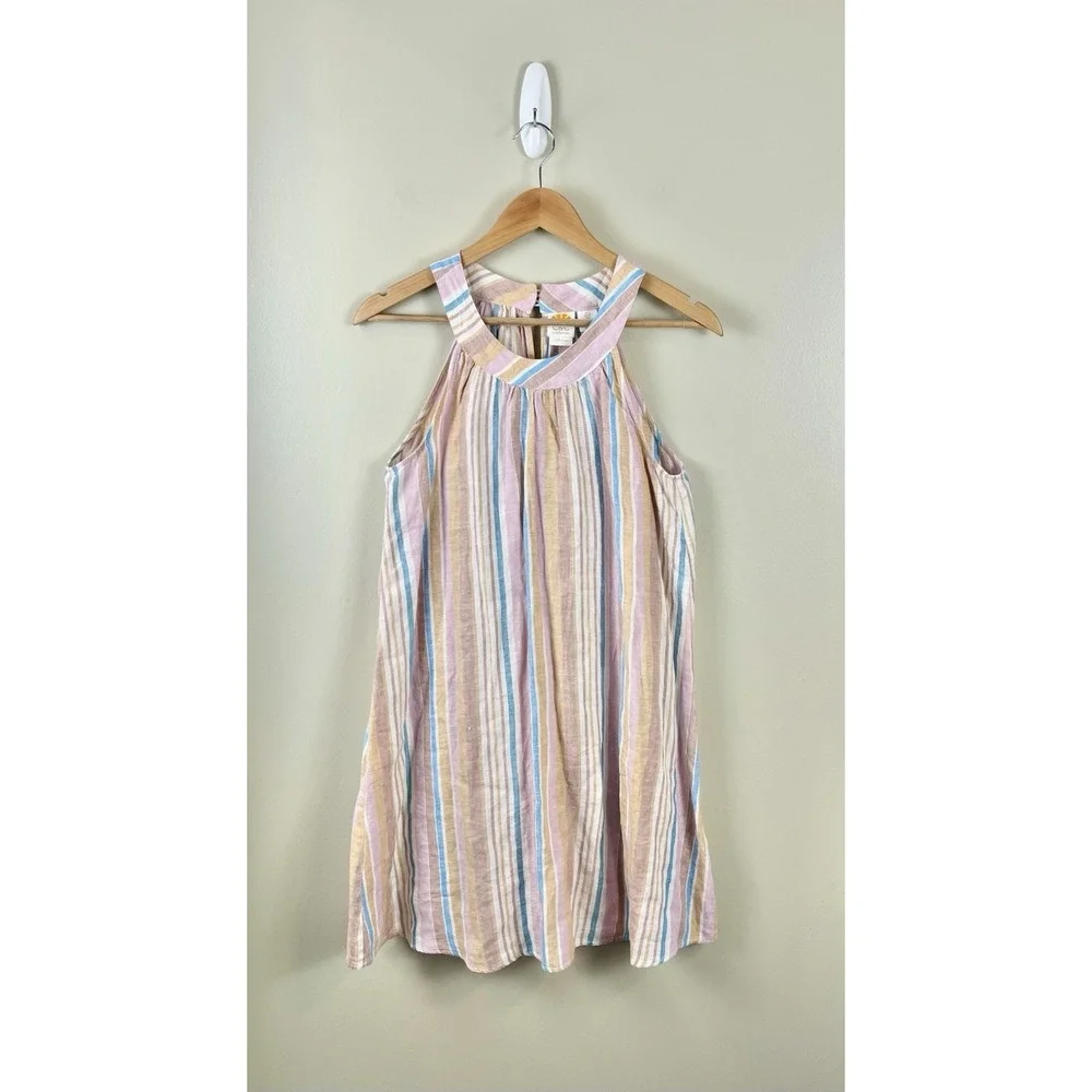 C&C California Multicolor Stripe Sleeveless 100% Linen Dress Size S Shift Beach - Picture 1 of 7